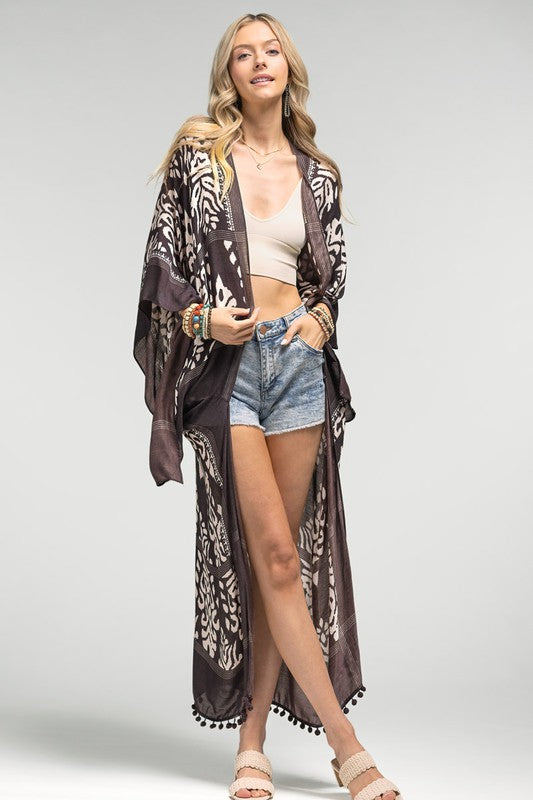 Charcoal Damask Print Pompom Accent Boho Kimono Womens One Size