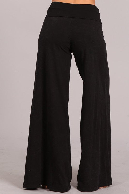 Black Mineral Wash Wide Led Foldover Over Waistband Casual Boho Womens Pants