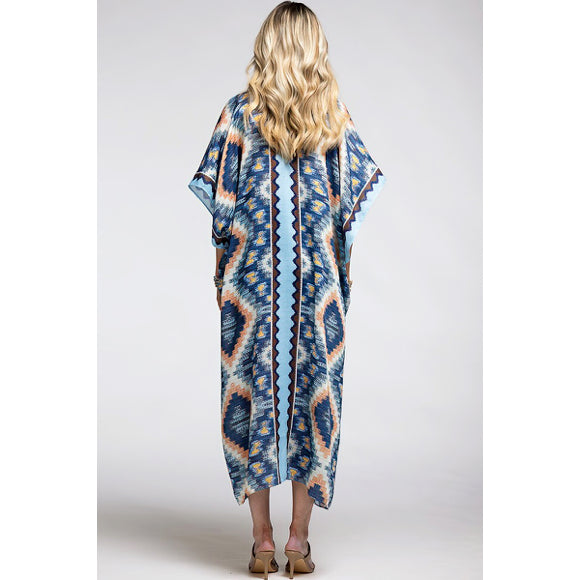 Blue Multi Long Open Front Aztec Tribal Pattern Kimono Wrap Coverup Top