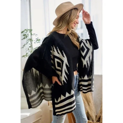 Black Ivory Aztec Boho Pattern Knit Sweater Open Shawl Wrap One Size Fall Winter