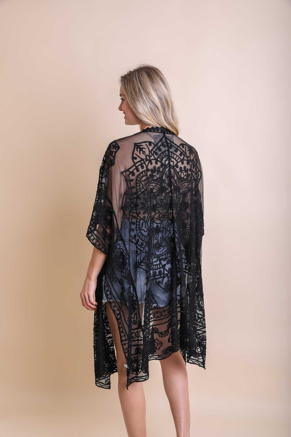 Black Sheer Floral Lace Mandala Embroidered Mesh Kimono Open Wrap Top Coverup