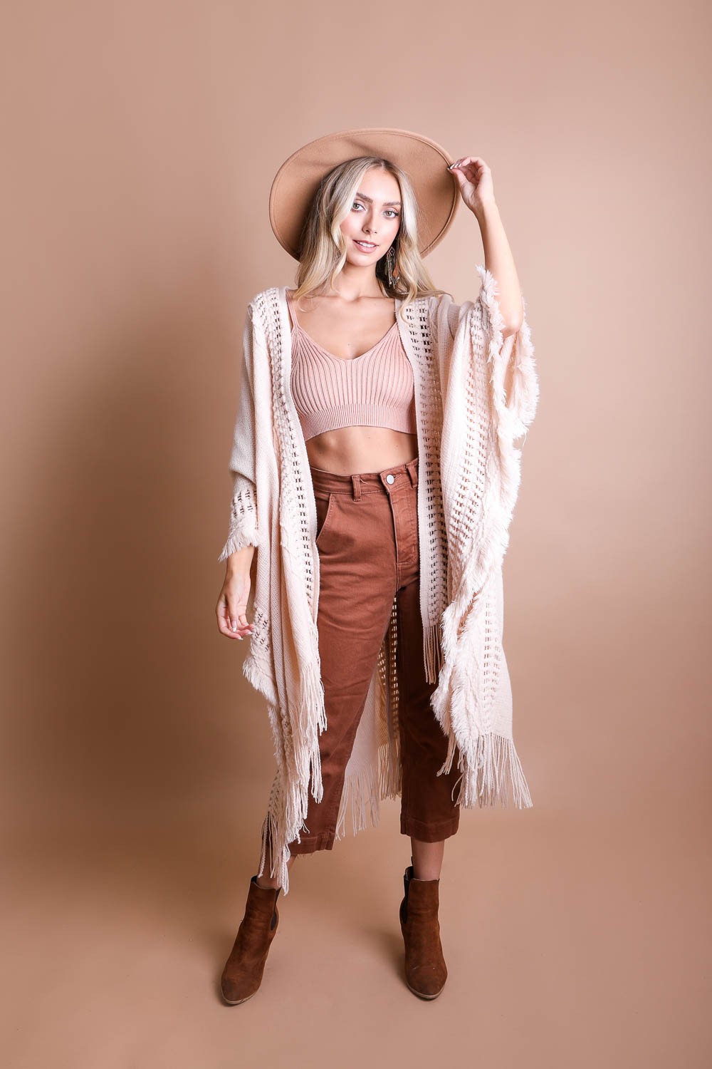 Beige Knit Open Work Frayed Border Bohemian Ruana Sweater Wrap