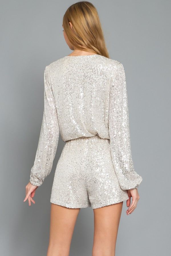 Silver Metallic Sparkling Sequin Long Sleeve Holiday Cocktail Party Romper