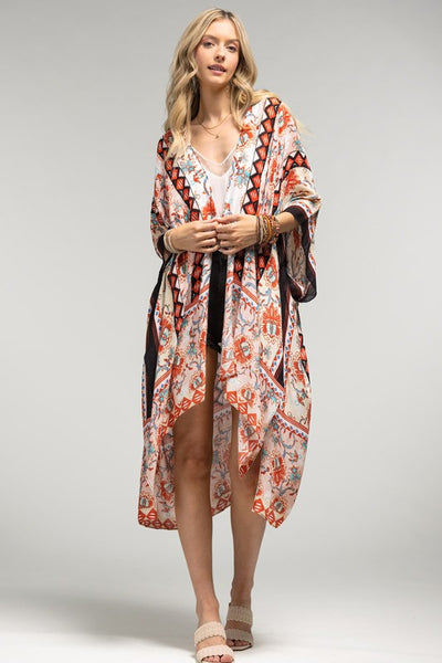 Peach Diamond Printed Cream Floral Kimono Wrap Coverup Top Women's Summer