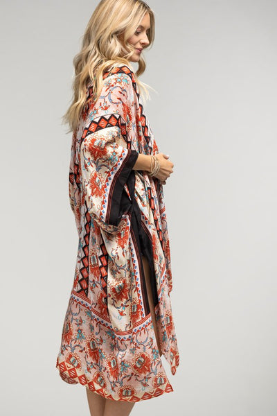 Peach Diamond Printed Cream Floral Kimono Wrap Coverup Top Women's Summer