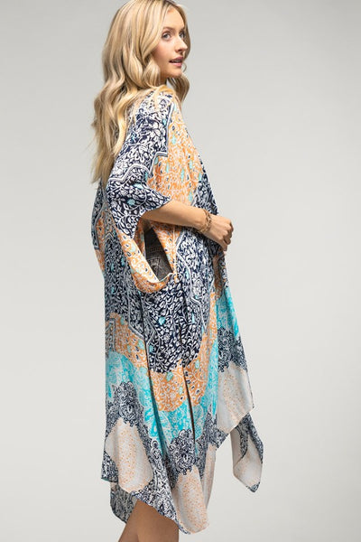 Navy Multi Floral Damask & Paisley Printed Kimono Open Wrap Summer Coverup Top