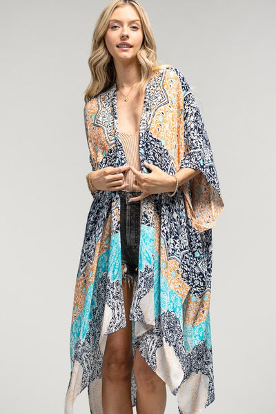 Navy Multi Floral Damask & Paisley Printed Kimono Open Wrap Summer Coverup Top