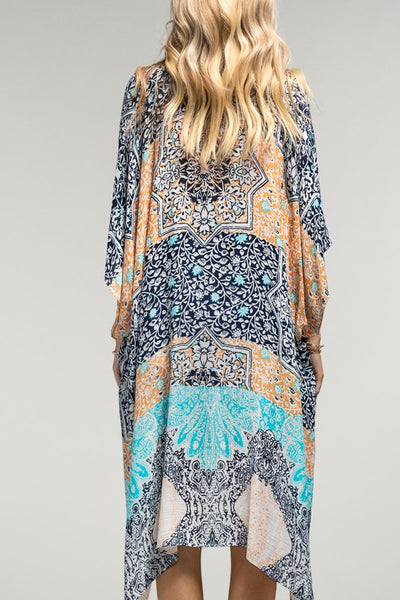 Navy Multi Floral Damask & Paisley Printed Kimono Open Wrap Summer Coverup Top