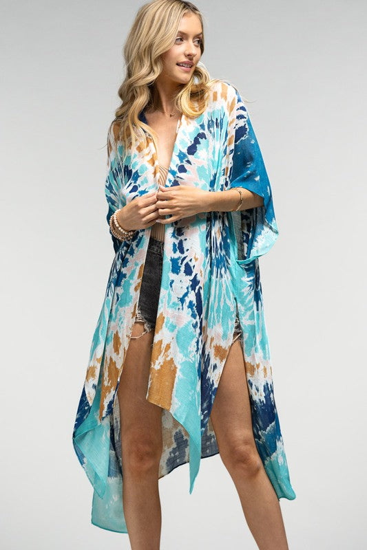 Blue Tie Dye Lightweight Summer Vacation Coverup Top Open Kimono Wrap One Size