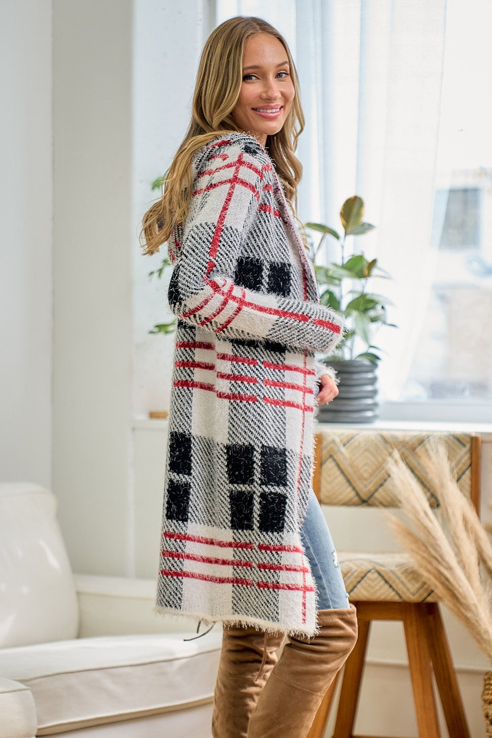 Red Ivory Fuzzy Eyelash Plaid Pattern Hooded Coatigan Cardigan Knit Sweater