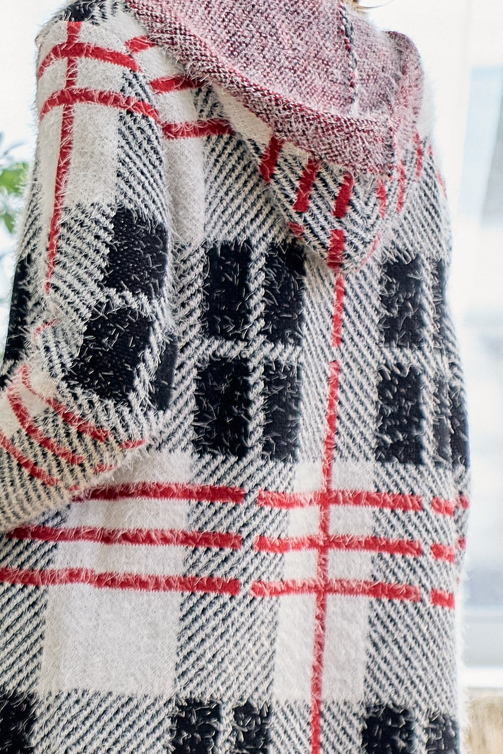 Red Ivory Fuzzy Eyelash Plaid Pattern Hooded Coatigan Cardigan Knit Sweater