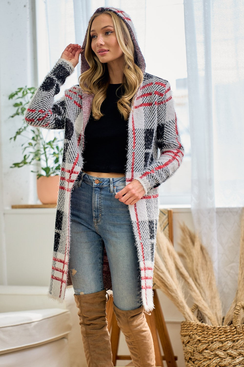 Red Ivory Fuzzy Eyelash Plaid Pattern Hooded Coatigan Cardigan Knit Sweater