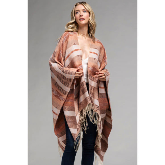 Coral Woven Aztec Pattern Ruana Open Poncho Knit Wrap w/ Fringe