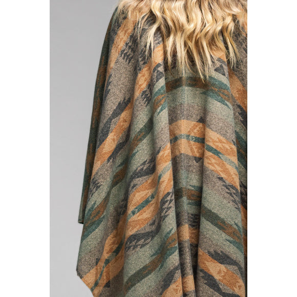 Olive Woven Aztec Pattern Ruana Open Poncho Knit Wrap w/ Fringe