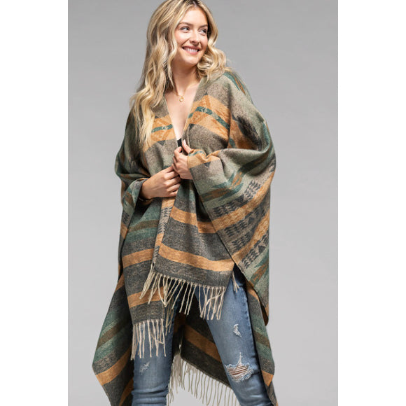 Olive Woven Aztec Pattern Ruana Open Poncho Knit Wrap w/ Fringe