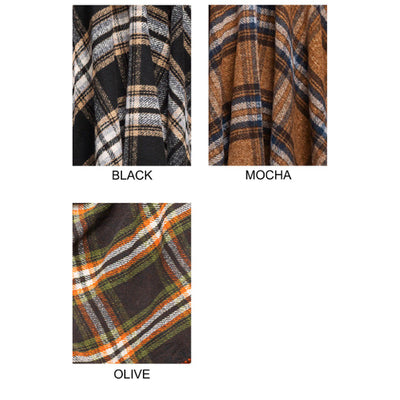 Mocha Plaid Pattern Whip Stitch Knit Open Ruana Poncho Wrap One Size