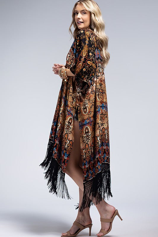 Annecy Fringe Ethnic Floral Bohemian Fringe Tassel Kimono Open Wrap Coverup Top