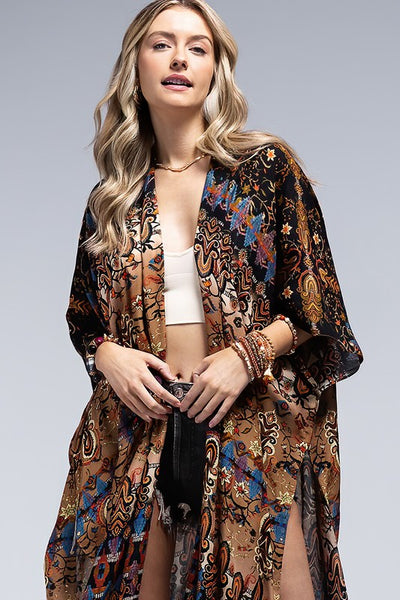 Annecy Fringe Ethnic Floral Bohemian Fringe Tassel Kimono Open Wrap Coverup Top