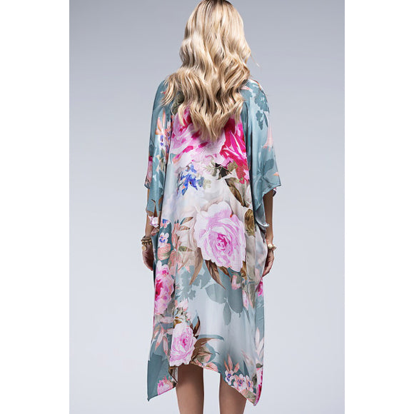 Rose Floral Printed Monet Spring Summer Open Style Kimono Wrap Coverup Top