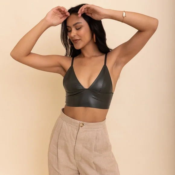 Black Vegan Faux Leather Longline Solid Women's Sexy Bralette