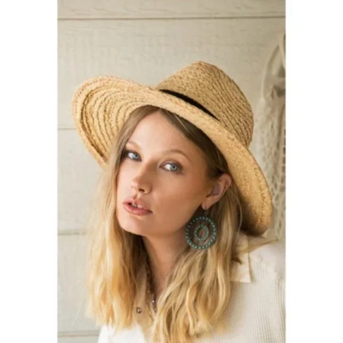 Natural Straw Panama Hat w/ Black Ribbon Accent Summer Casual Women's