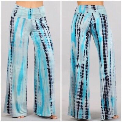 Bohemian Aqua Blue Tie Dye Wide Leg Palazzo Relaxed Fit Foldover Waist Lounge Pants