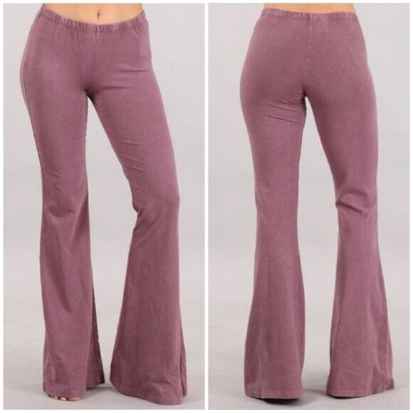 Dusty Rose Boho Mineral Wash Flared Bell Bottom Stretch Pull On Pants Womens