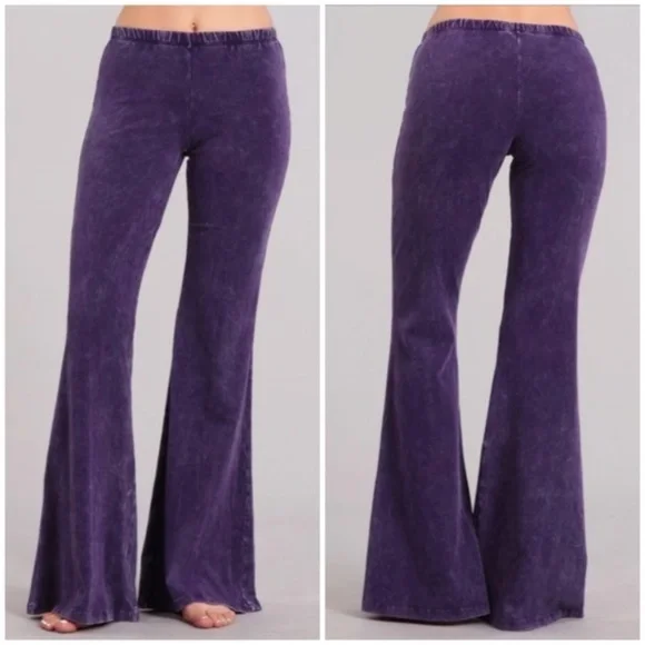 Grape Purple Boho Mineral Wash Flared Bell Bottom Stretch Pull On Pants Womens