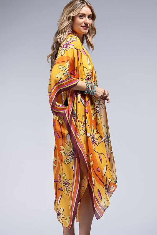 Sunrise Vibrant Floral Print & Stripe Border Open Kimono Wrap Coverup Top