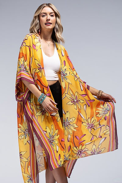 Sunrise Vibrant Floral Print & Stripe Border Open Kimono Wrap Coverup Top