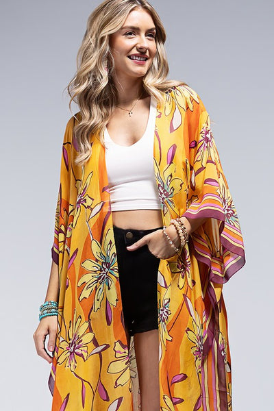 Sunrise Vibrant Floral Print & Stripe Border Open Kimono Wrap Coverup Top