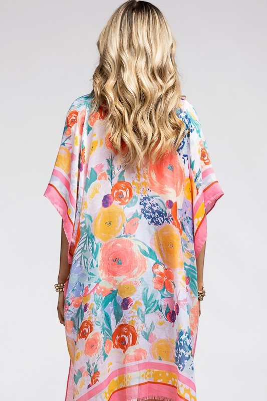 Pink Floral Print Contrast Border Spring Summer Kimono Open Wrap Coverup Top