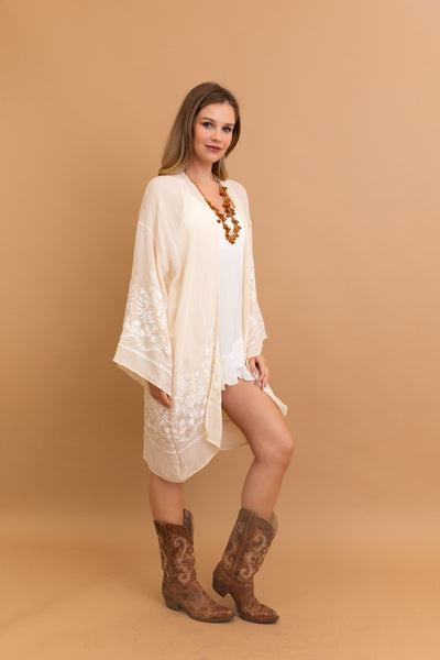 Cream Embroidered Floral Vine Lightweight Long Sleeve Kimono Wrap Top One Size