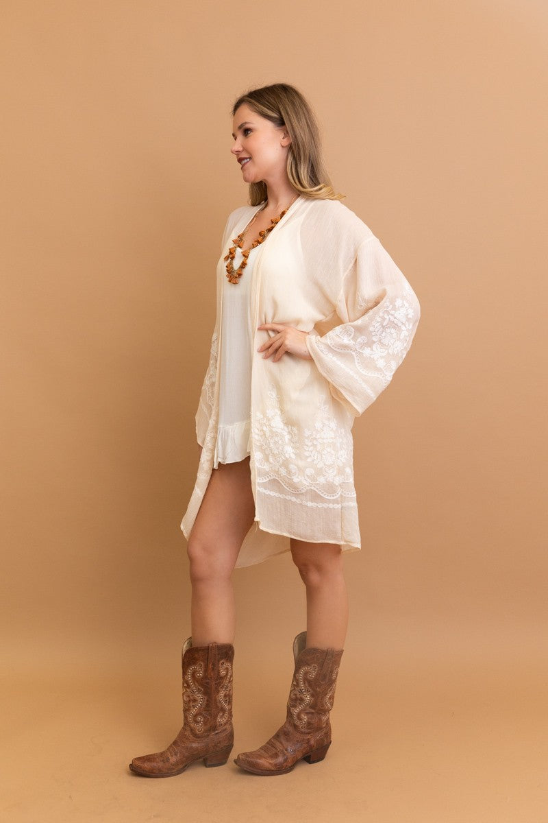 Cream Embroidered Floral Vine Lightweight Long Sleeve Kimono Wrap Top One Size