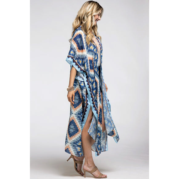 Blue Multi Long Open Front Aztec Tribal Pattern Kimono Wrap Coverup Top