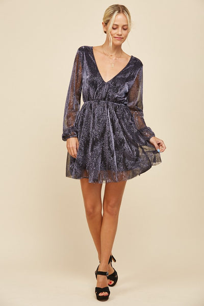 Indigo Metallic Sparkling Mesh Long Sleeve Cocktail Holiday Party Mini Dress