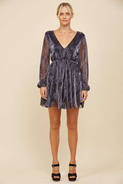 Indigo Metallic Sparkling Mesh Long Sleeve Cocktail Holiday Party Mini Dress