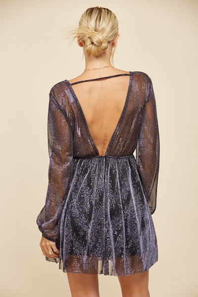 Indigo Metallic Sparkling Mesh Long Sleeve Cocktail Holiday Party Mini Dress