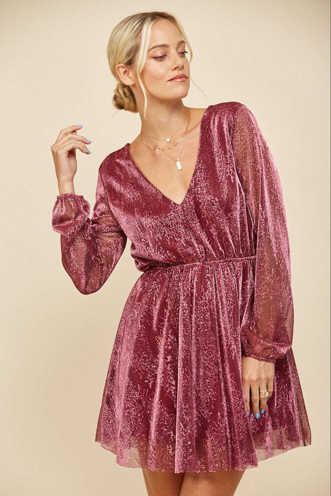 Wine Metallic Sparkling Mesh Long Sleeve Cocktail Holiday Party Mini Dress