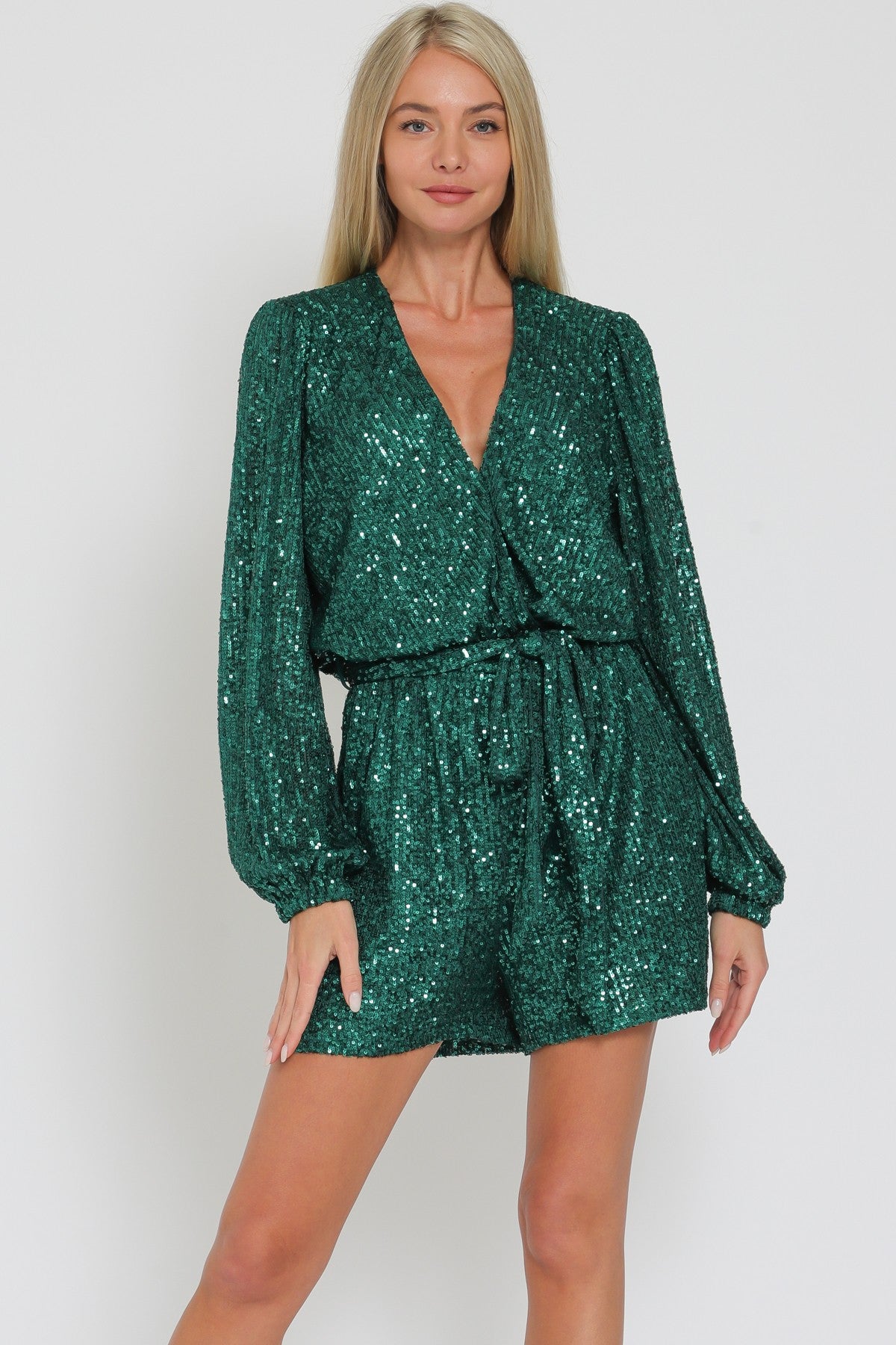 Green Metallic Sparkling Sequin Long Sleeve Holiday Cocktail Party Romper