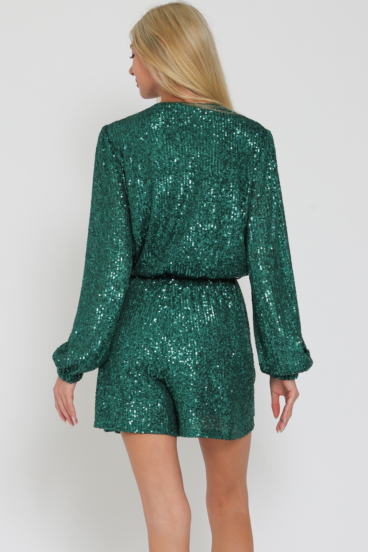 Green Metallic Sparkling Sequin Long Sleeve Holiday Cocktail Party Romper