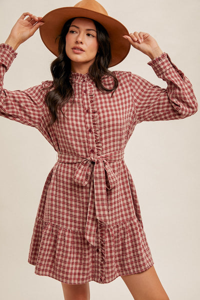 Wine Country Plaid Belted Ruffle Long Sleeve Shirt Dress