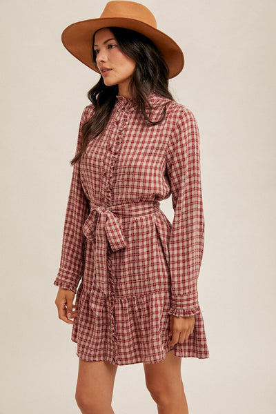 Wine Country Plaid Belted Ruffle Long Sleeve Shirt Dress