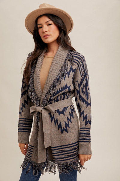 Navy & Gray Fringe Shawl Collar Ethnic Print Belted Cardigan Knit Sweater