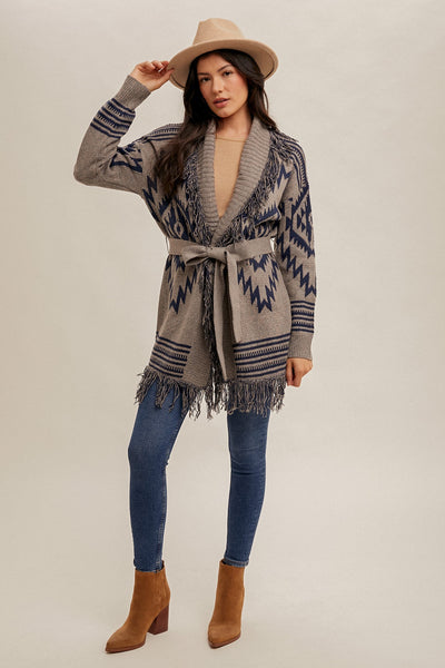 Navy & Gray Fringe Shawl Collar Ethnic Print Belted Cardigan Knit Sweater