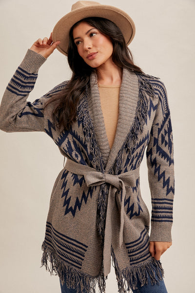 Navy & Gray Fringe Shawl Collar Ethnic Print Belted Cardigan Knit Sweater