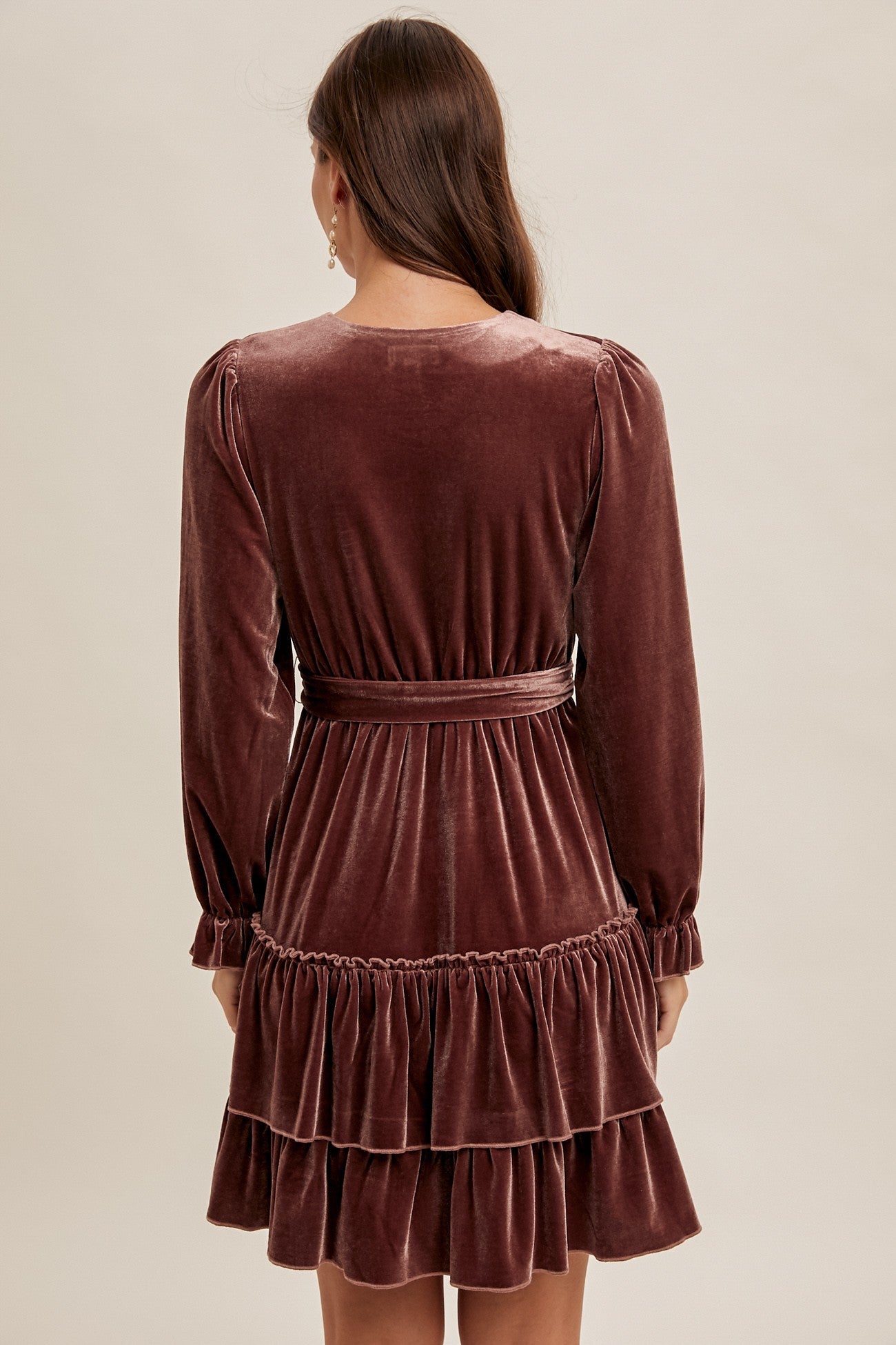 Mauve Velvet Surplice Holiday Tiered Ruffled Long Sleeve Mini Cocktail Dress