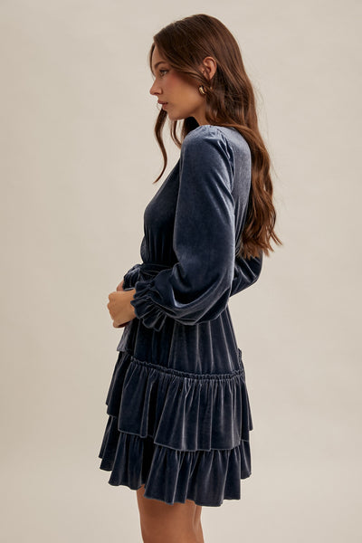 Slate Velvet Surplice Holiday Tiered Ruffled Long Sleeve Mini Cocktail Dress