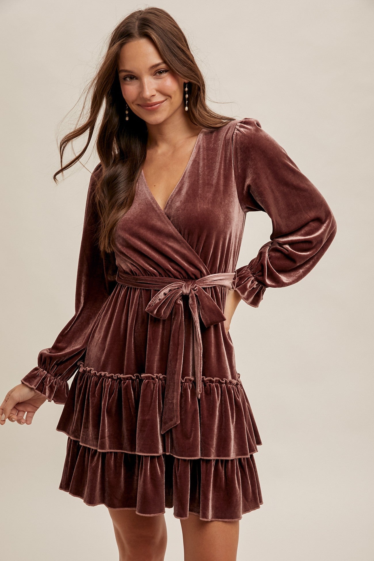 Mauve Velvet Surplice Holiday Tiered Ruffled Long Sleeve Mini Cocktail Dress