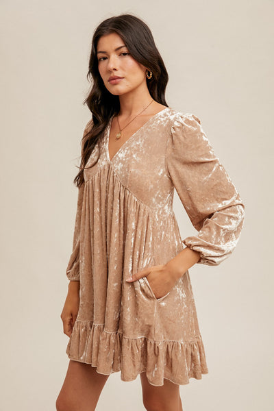 Champagne Crushed Velvet V-Neck Babydoll Bubble Sleeve Holiday Cocktail Dress